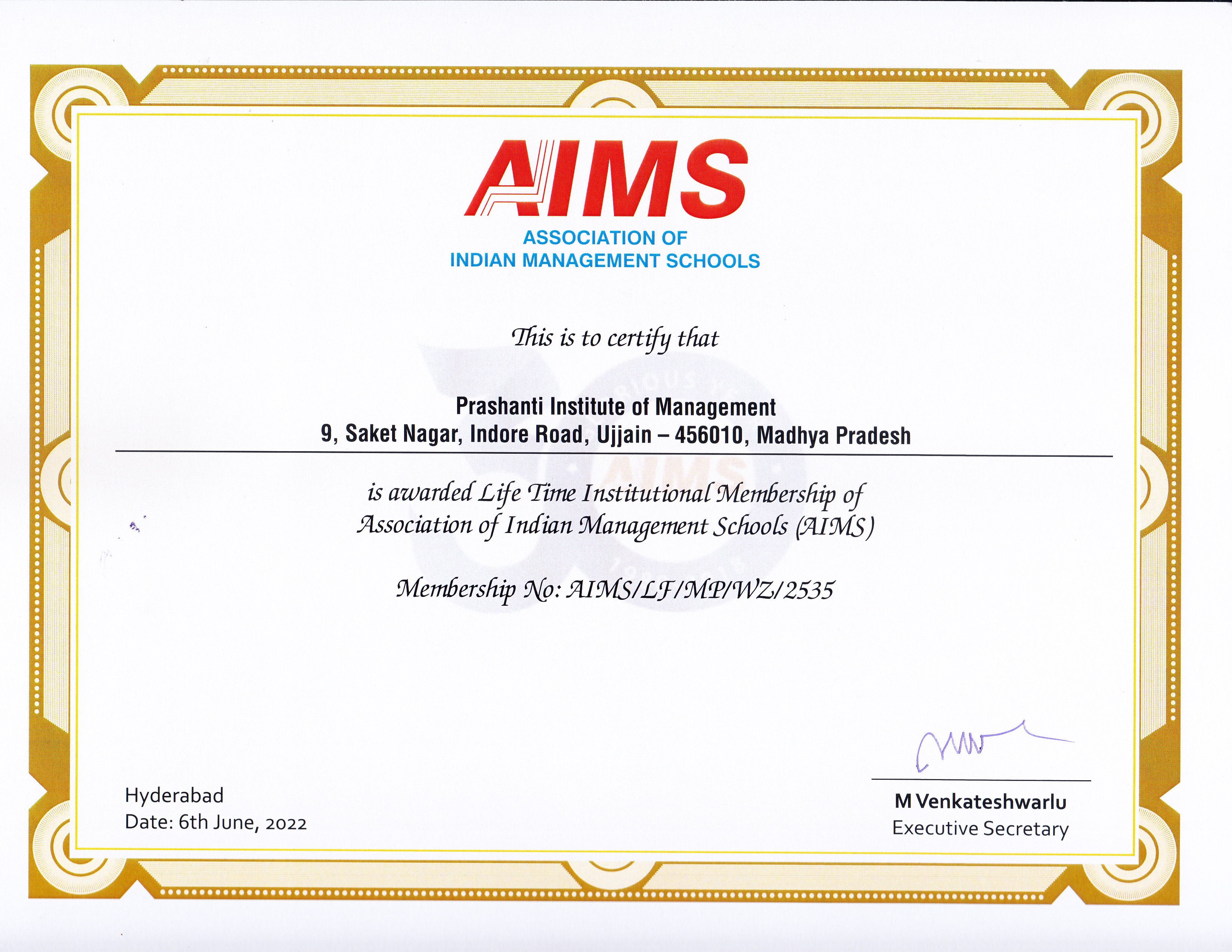 PIM recognized by AIMS - A National Body of B-Schools of India
